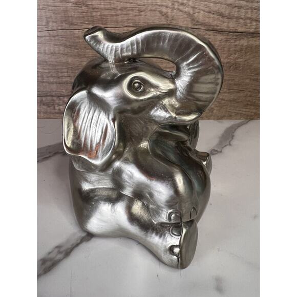 Vtg Elephant Bookend Doorstop Paperweight MCM Silver Gold Trunk Up Elephant - Picture 4 of 16